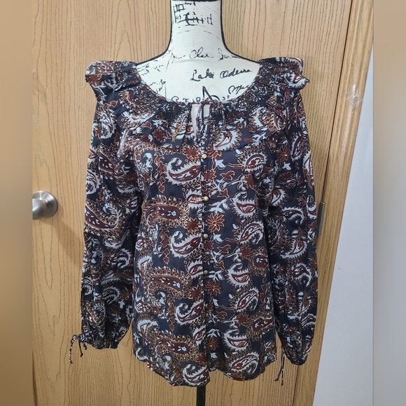 Cleobella Boho Sustainable Paisley Print Ruffle Collar Button Up Top - Picture 2 of 4